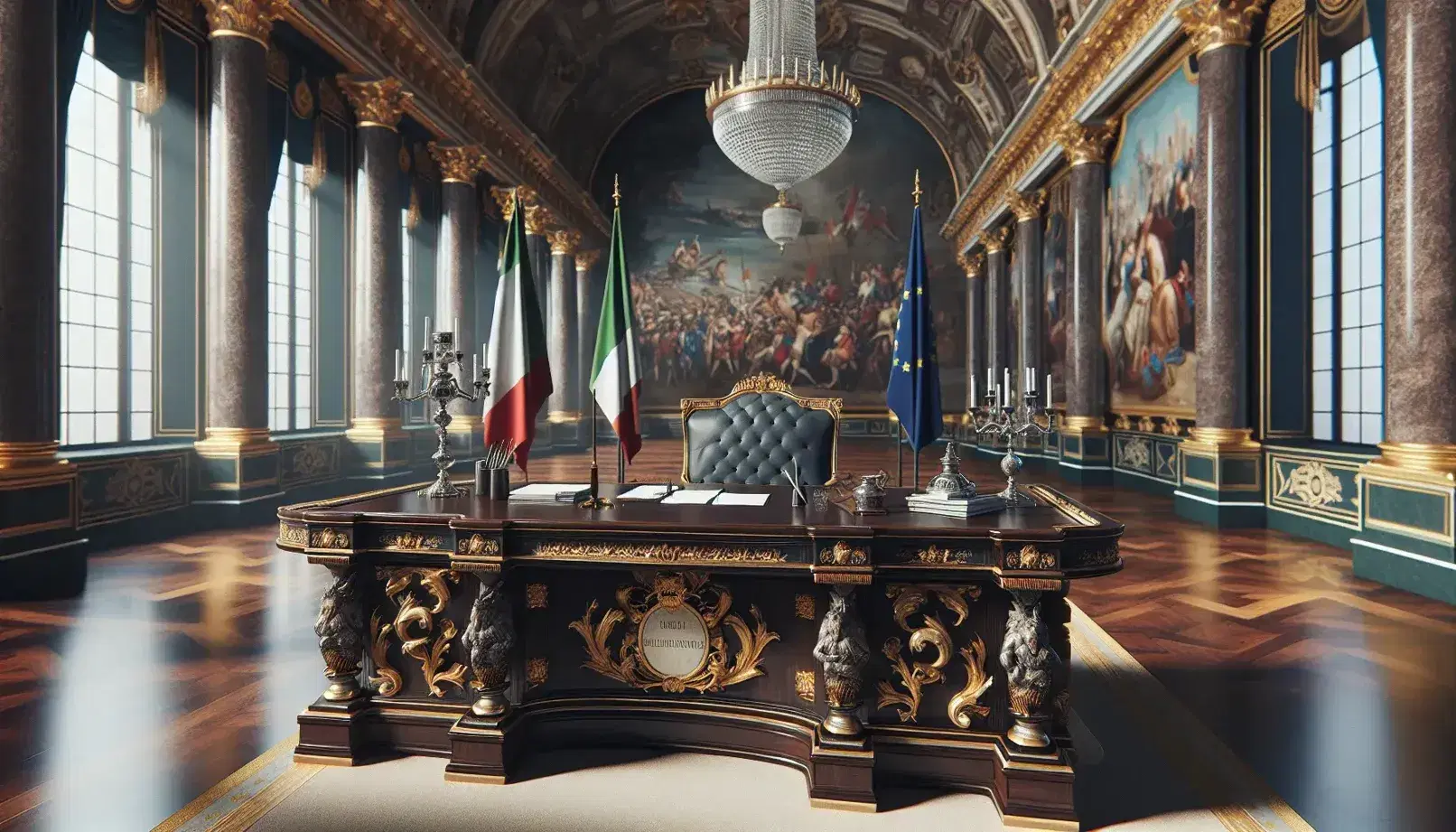 Sala cerimoniale con scrivania in legno scuro, sedia imbottita blu, pareti dorate con affreschi e bandiere italiana ed europea.