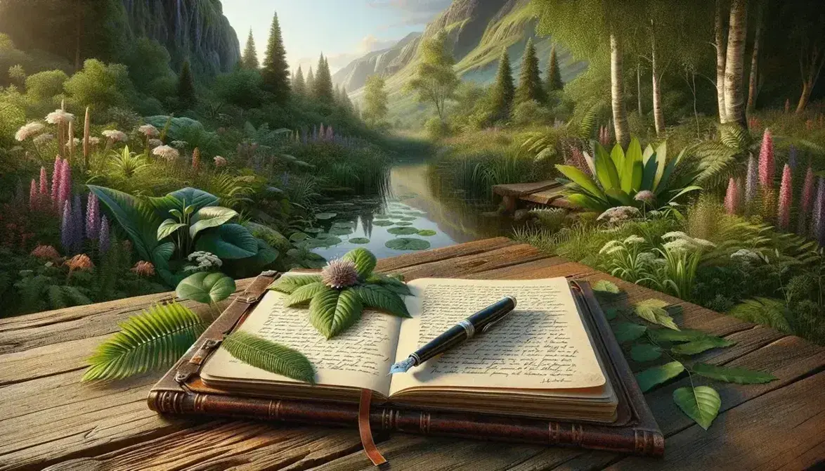 Serene natural landscape with an open, blank leather-bound notebook and a black fountain pen on a wooden table, surrounded by lush greenery and a calm lake.