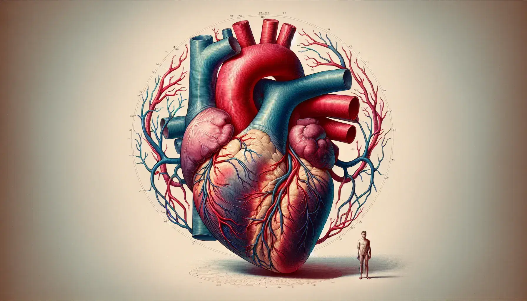 Rappresentazione anatomica dettagliata del cuore umano in sezione con camere, vene in blu e arterie in rosso, e figura umana per scala.