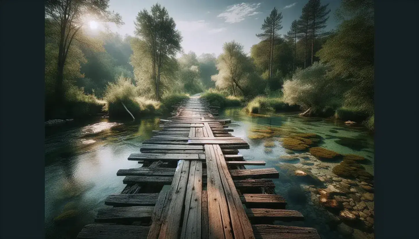 Puente de madera antiguo y deteriorado sobre río tranquilo con vegetación frondosa a los lados y reflejos del sol en el agua.