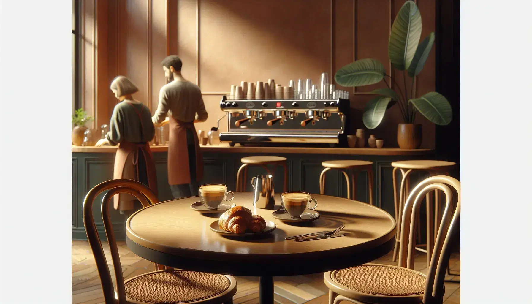 Cozy café interior with a wooden table, two chairs, empty glass cups, a half-eaten croissant, and a barista operating an espresso machine.