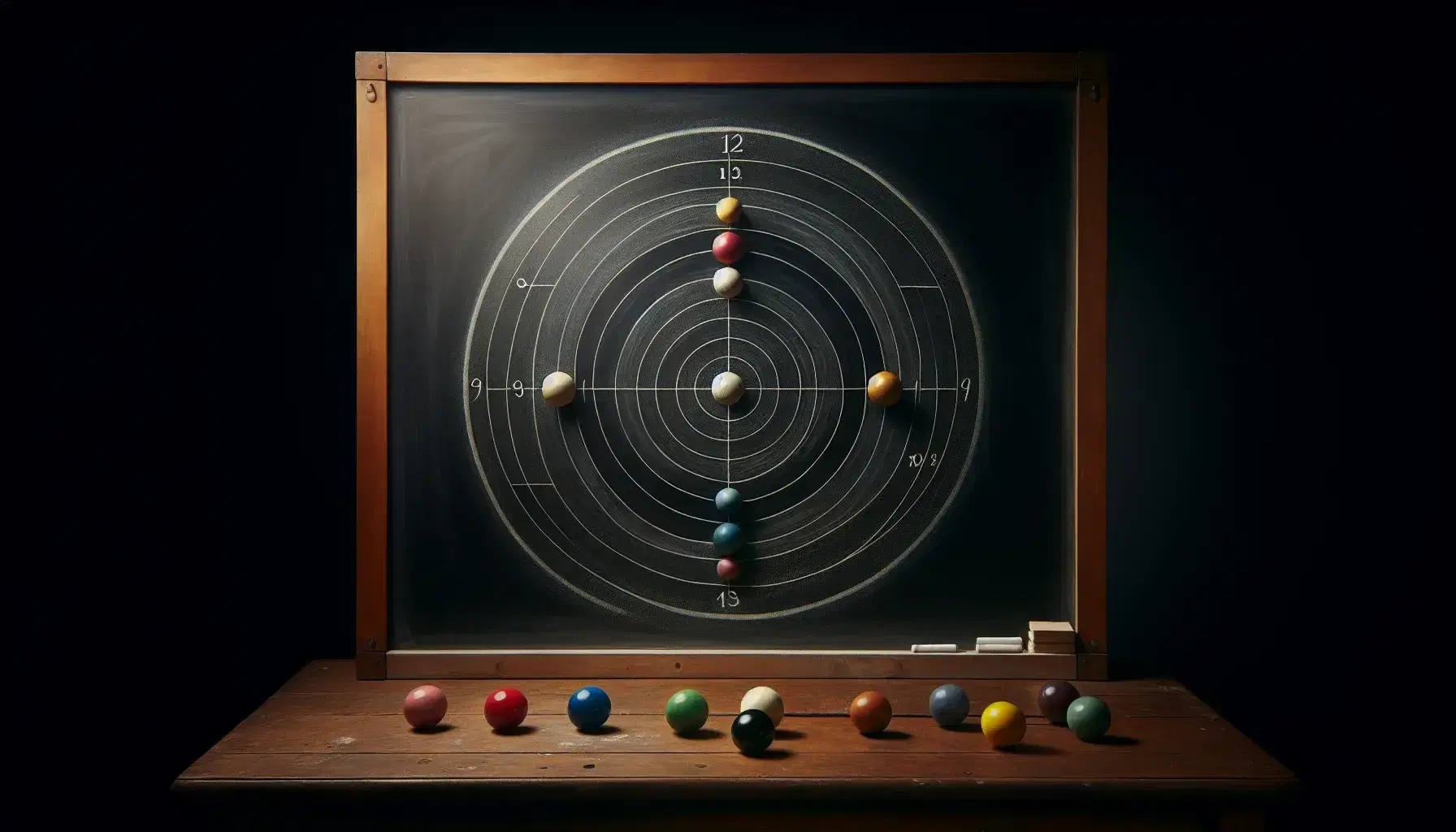 Close-up view of a dusty blackboard with a chalk-drawn circle divided into twelve segments, a desk with twelve colored balls arranged in a circle, and a hanging pendulum.