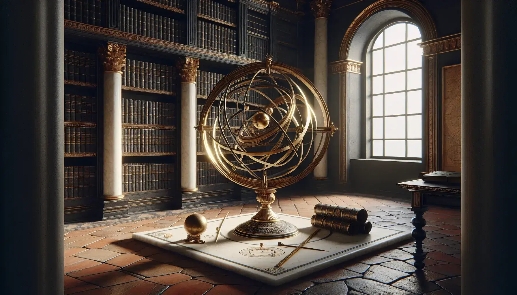 Sfera armillare in bronzo su piedistallo di marmo in antica biblioteca greca, con scaffali di legno scuro, volumi antichi e strumenti di misura su tavolo.