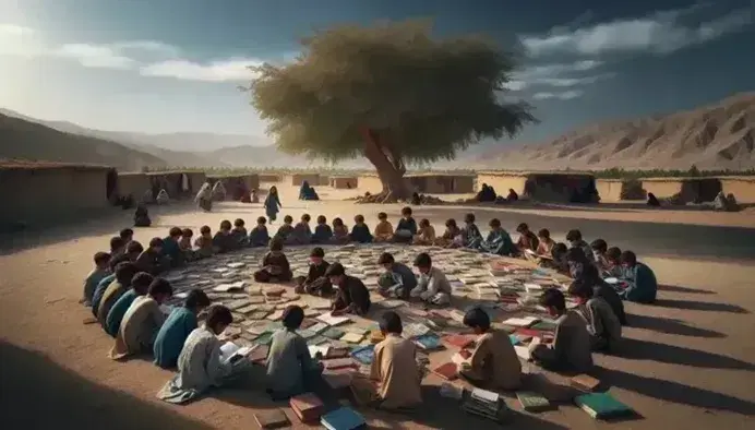 Bambini afghani seduti in cerchio sotto un albero studiano con libri e quaderni in un paesaggio arido con montagne sullo sfondo.