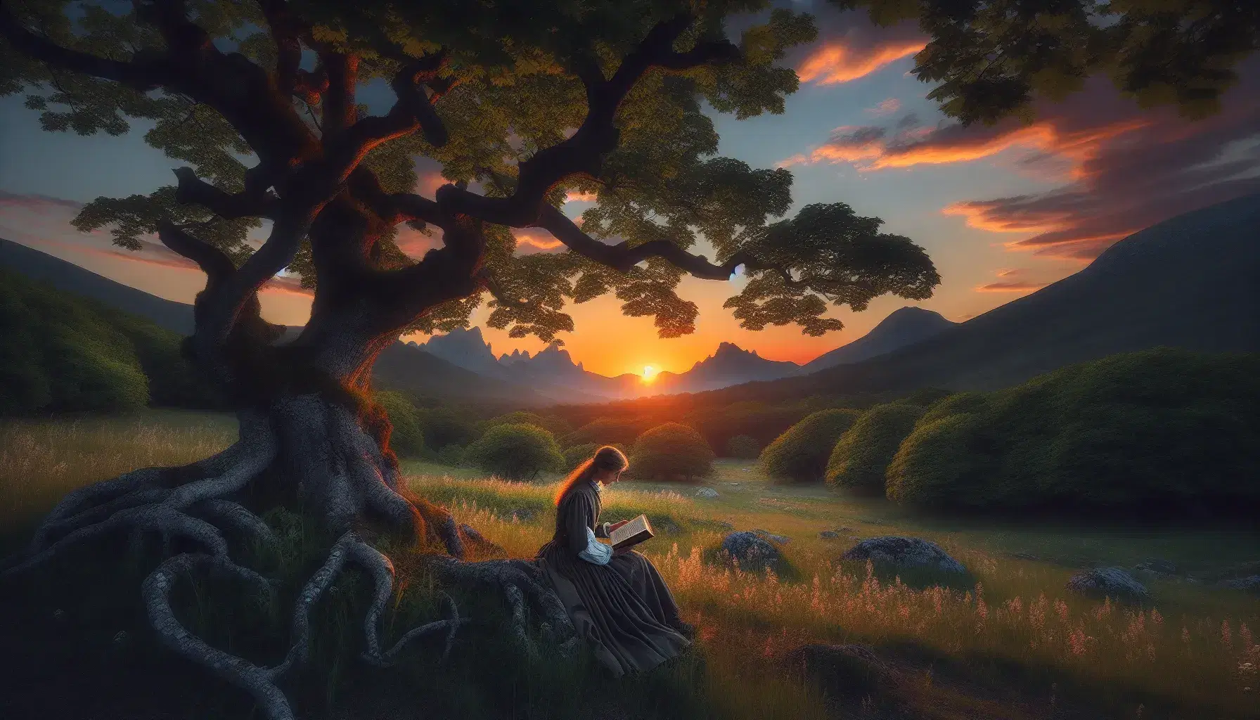 Paisaje natural al atardecer con un árbol frondoso y una figura humana leyendo bajo él, vestimenta del siglo XIX, cielo anaranjado y montañas al fondo.