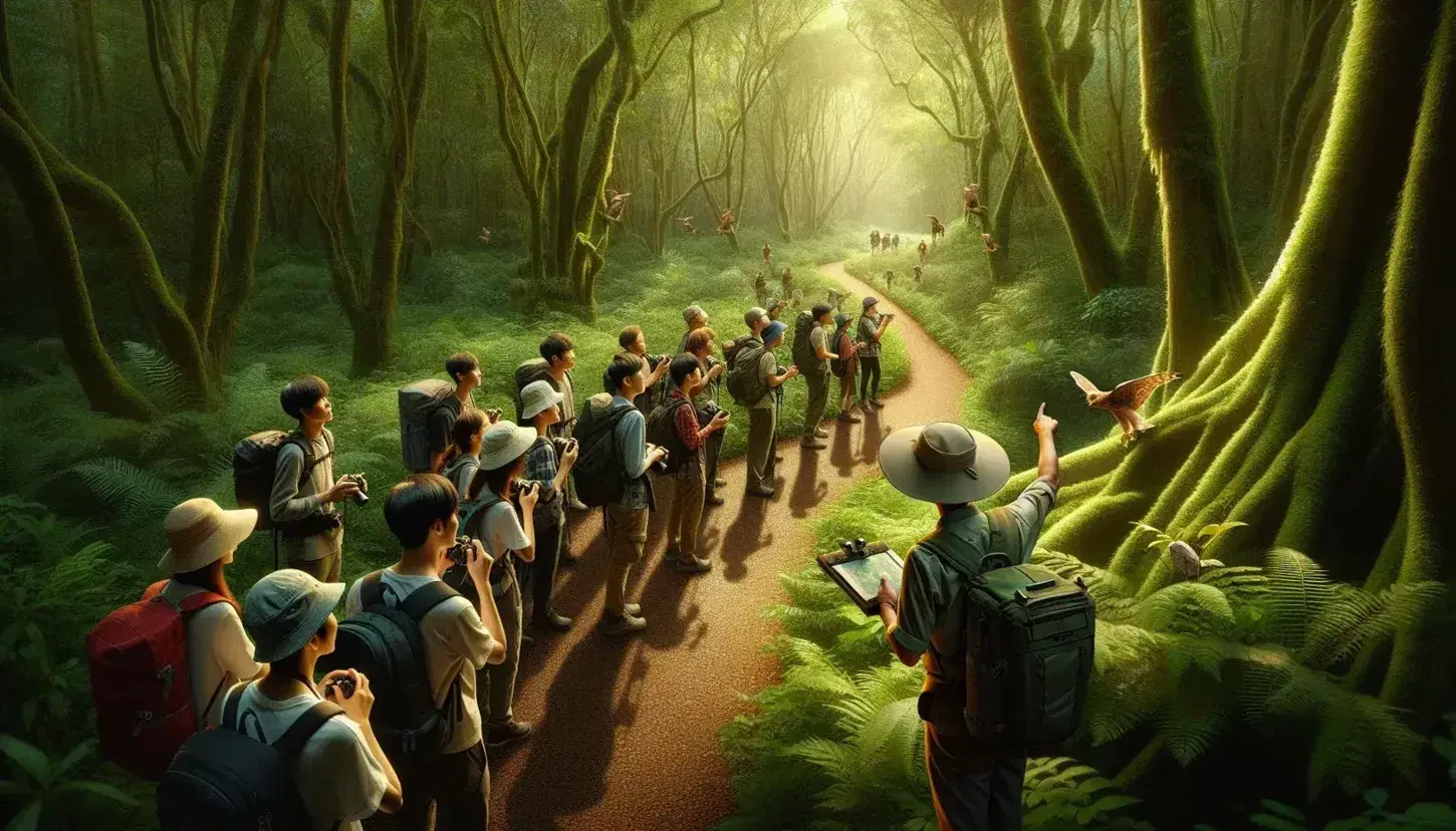 Sentiero naturale in foresta con gruppo di escursionisti che seguono una guida, immersi nella natura senza dispositivi elettronici.