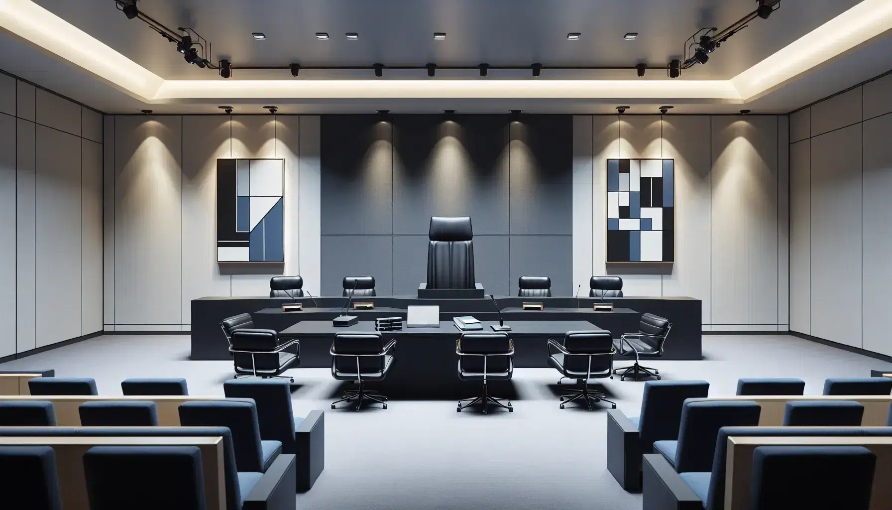 Sala udienza tribunale sportivo con tavolo rettangolare, sedie nere, podio con laptop e microfono spento, quadri astratti e posti a sedere blu.