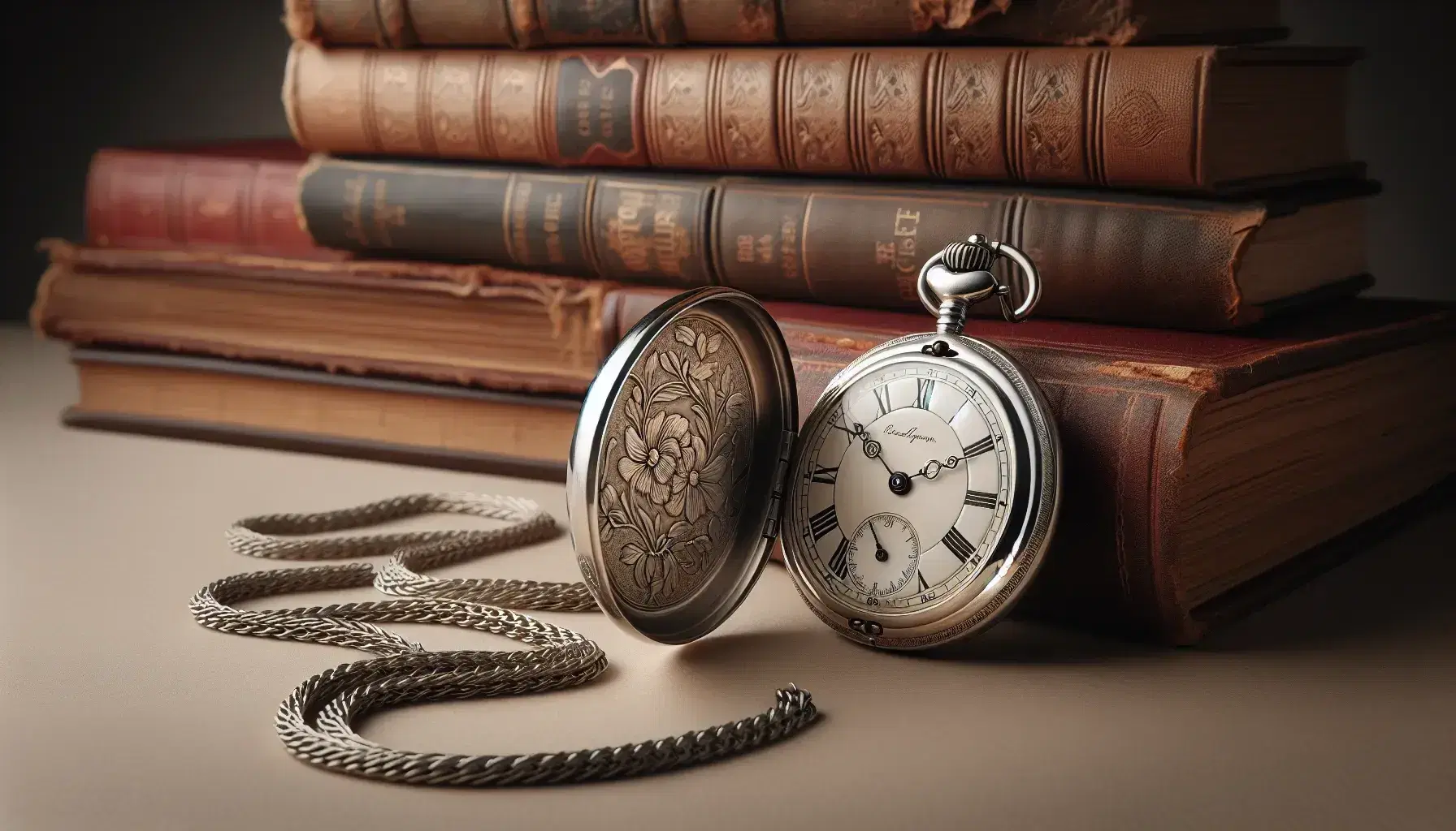 Orologio da tasca antico aperto con catena intrecciata su sfondo neutro, incisioni floreali sul bordo e quadrante avorio con numeri romani.