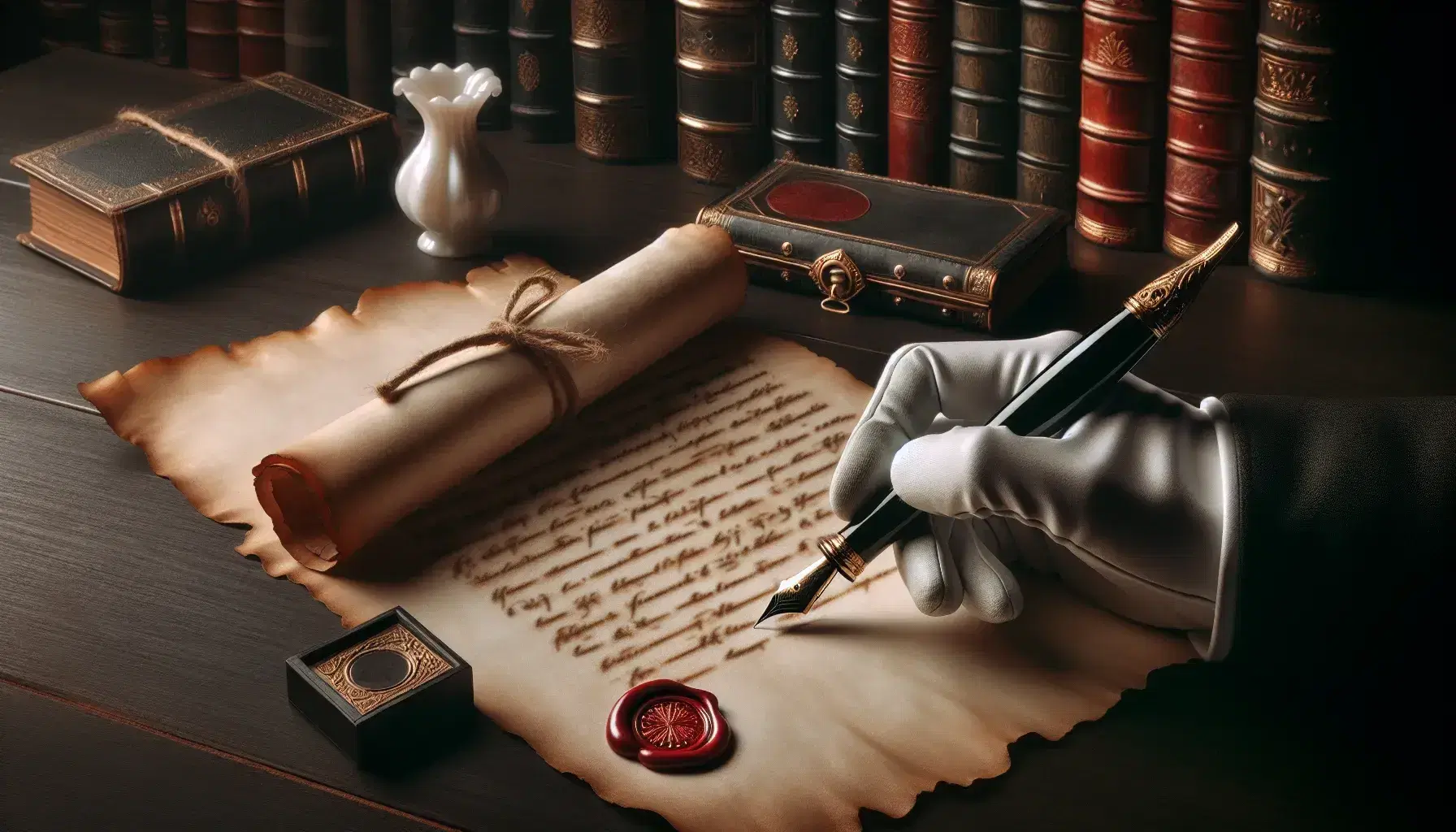 Mano con guante blanco sostiene pluma fuente negra con detalles dorados sobre pergamino antiguo, junto a sello de cera rojo y tintero de porcelana en mesa de madera oscura.