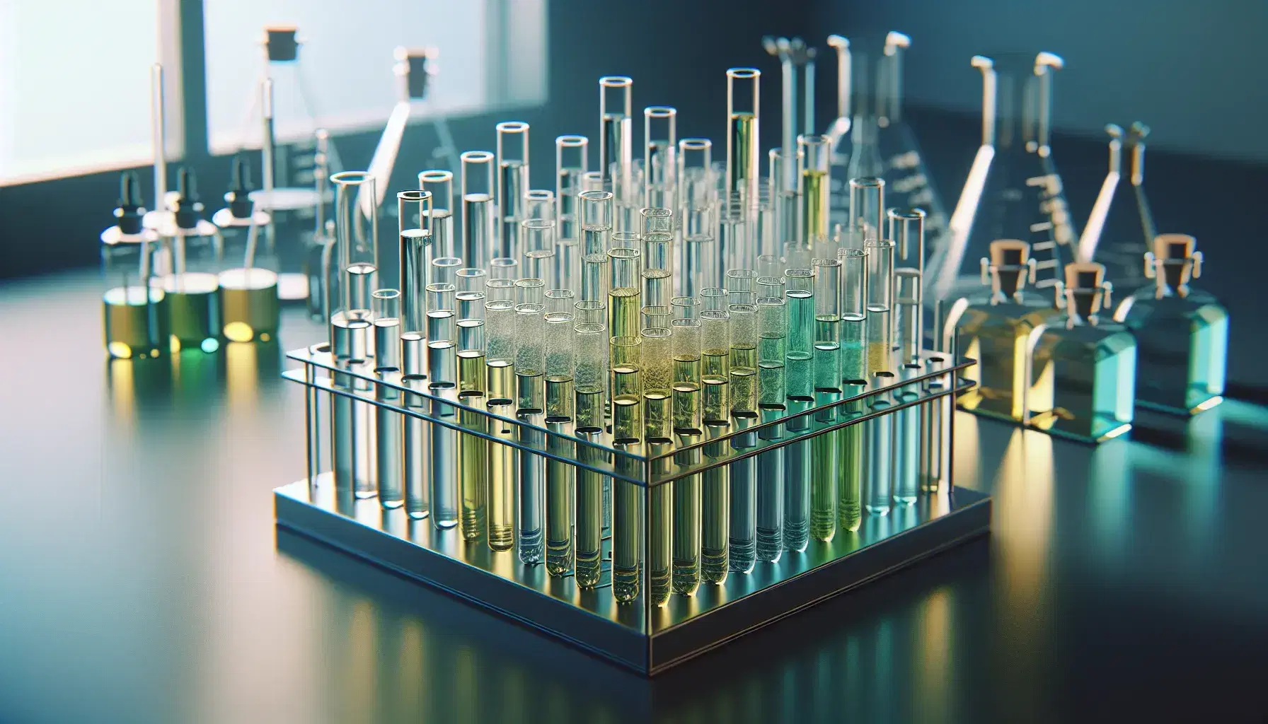 Tubos de ensayo transparentes con líquidos de colores amarillo claro, verde suave y azul pálido en un soporte metálico, con equipo de laboratorio desenfocado al fondo.