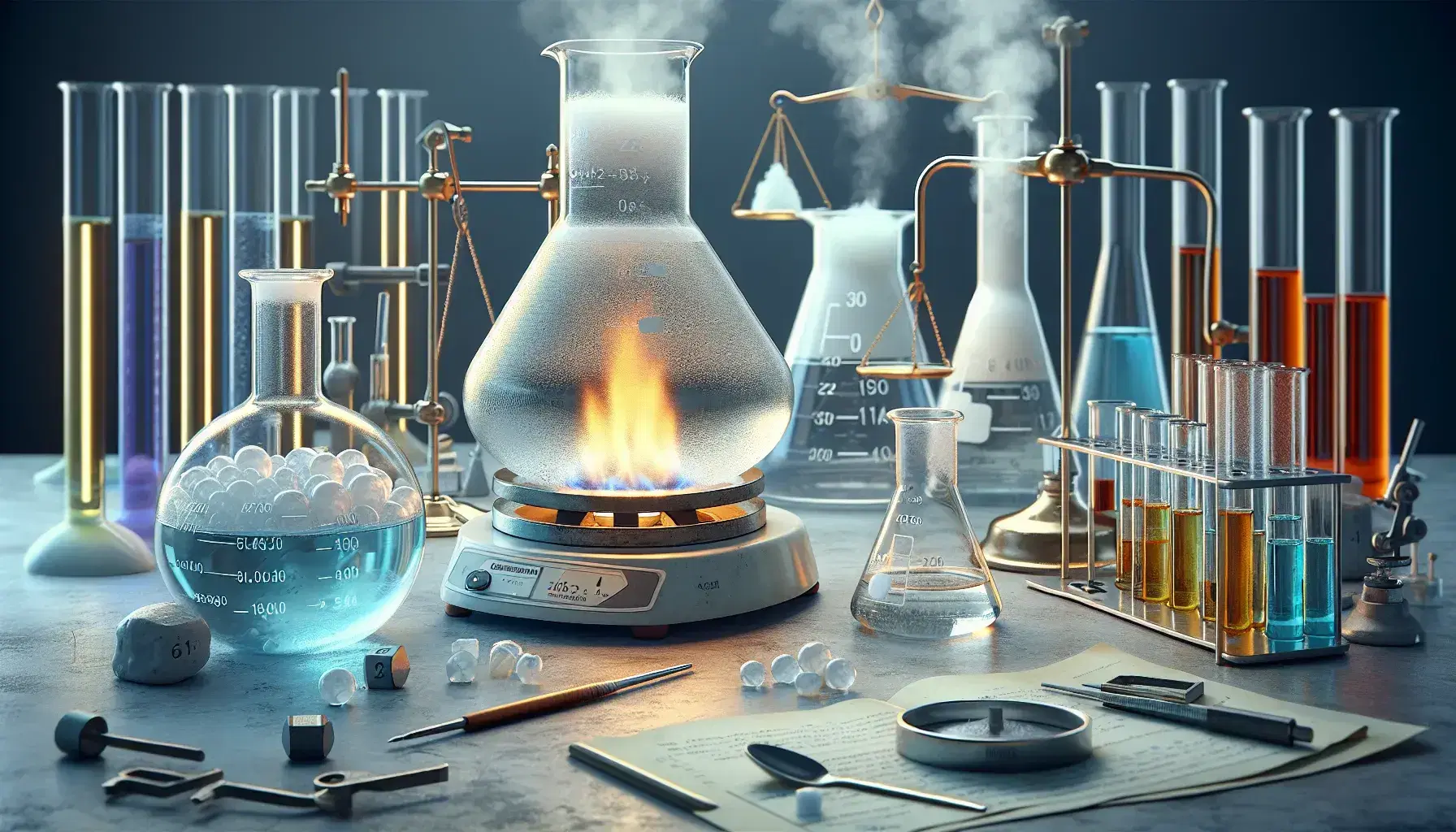 Laboratorio de química con matraz Erlenmeyer, líquido hirviendo en vaso sobre mechero Bunsen, tubo de ensayo con sólido blanco, balanza analítica y cilindros graduados con líquidos de colores.