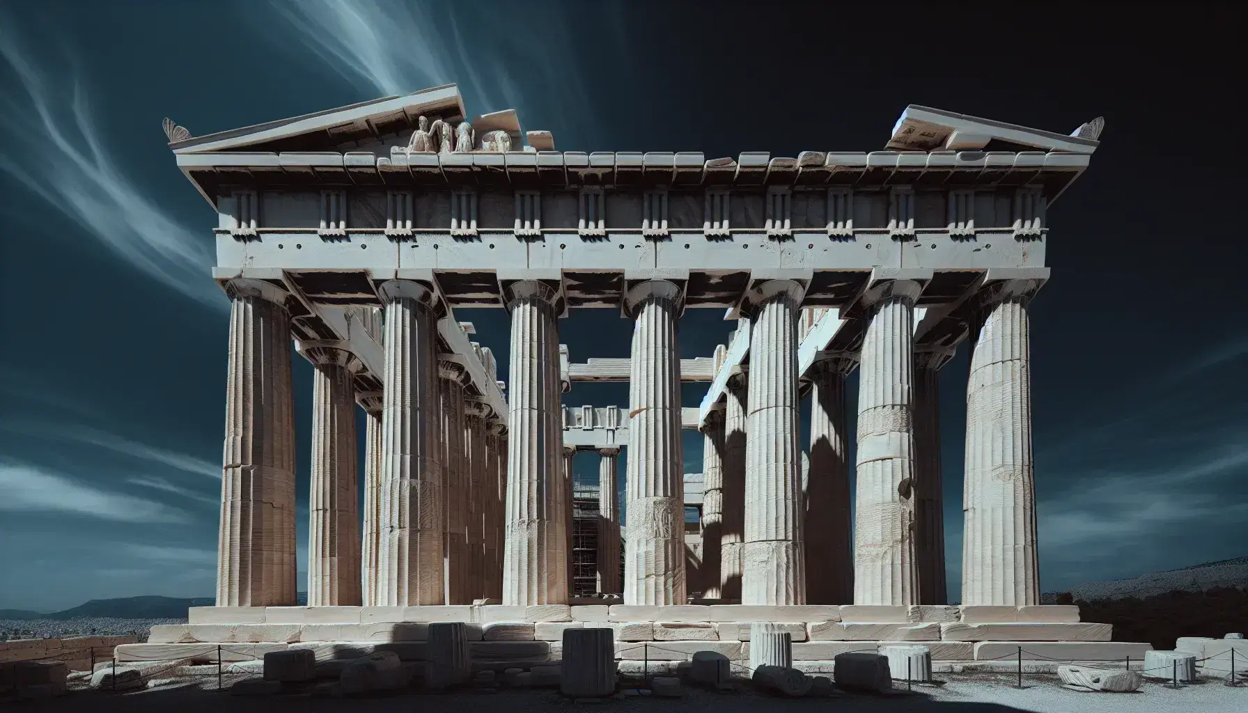 Vista frontale del Partenone ad Atene con colonne doriche e dettagli architettonici su cielo azzurro, senza persone o elementi moderni.