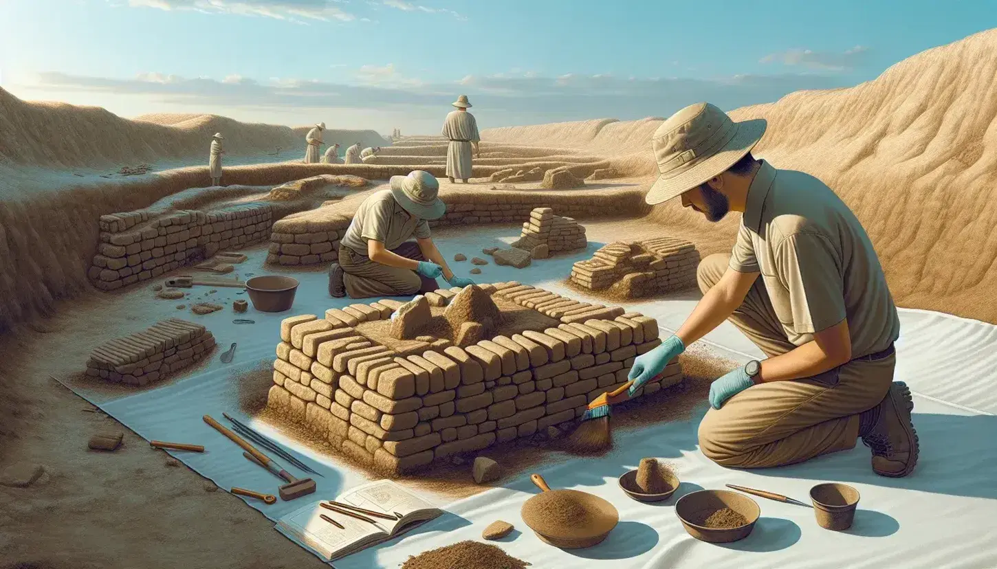 Scavo archeologico sumero con archeologo che scopre artefatto, colleghi al lavoro e strumenti disposti in primo piano.