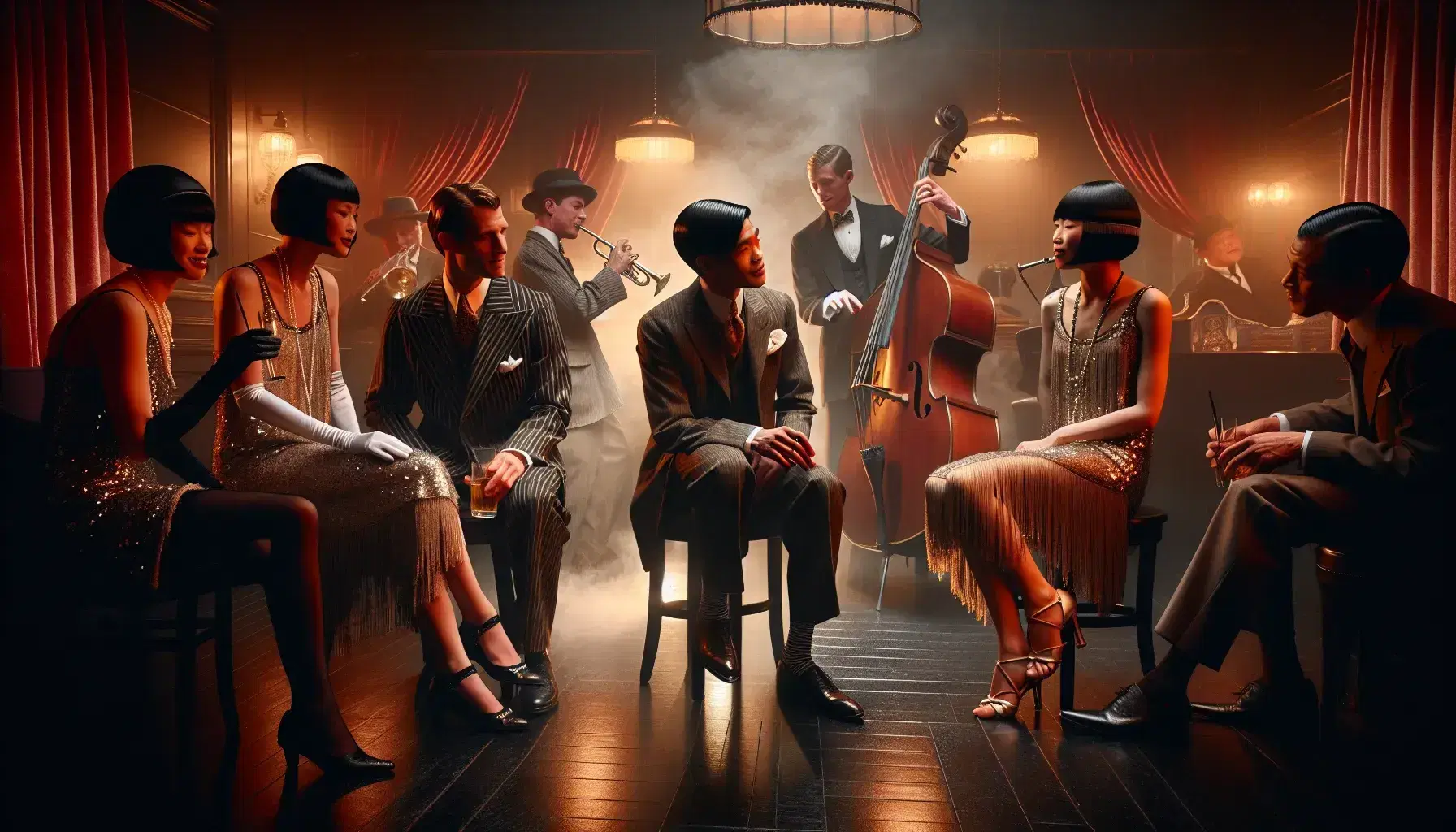 1920s jazz club ambiance with diverse patrons in flapper attire and musicians on stage, soft lighting, and a smoky atmosphere.