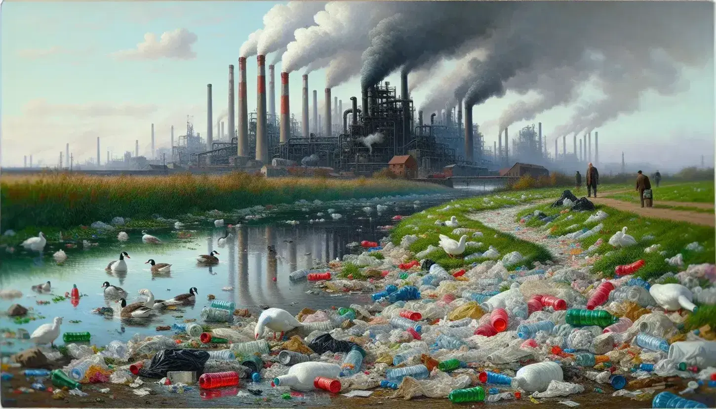 Fábrica con chimeneas humeantes al fondo, campo con basura multicolor en primer plano y río contaminado con aves buscando alimento.
