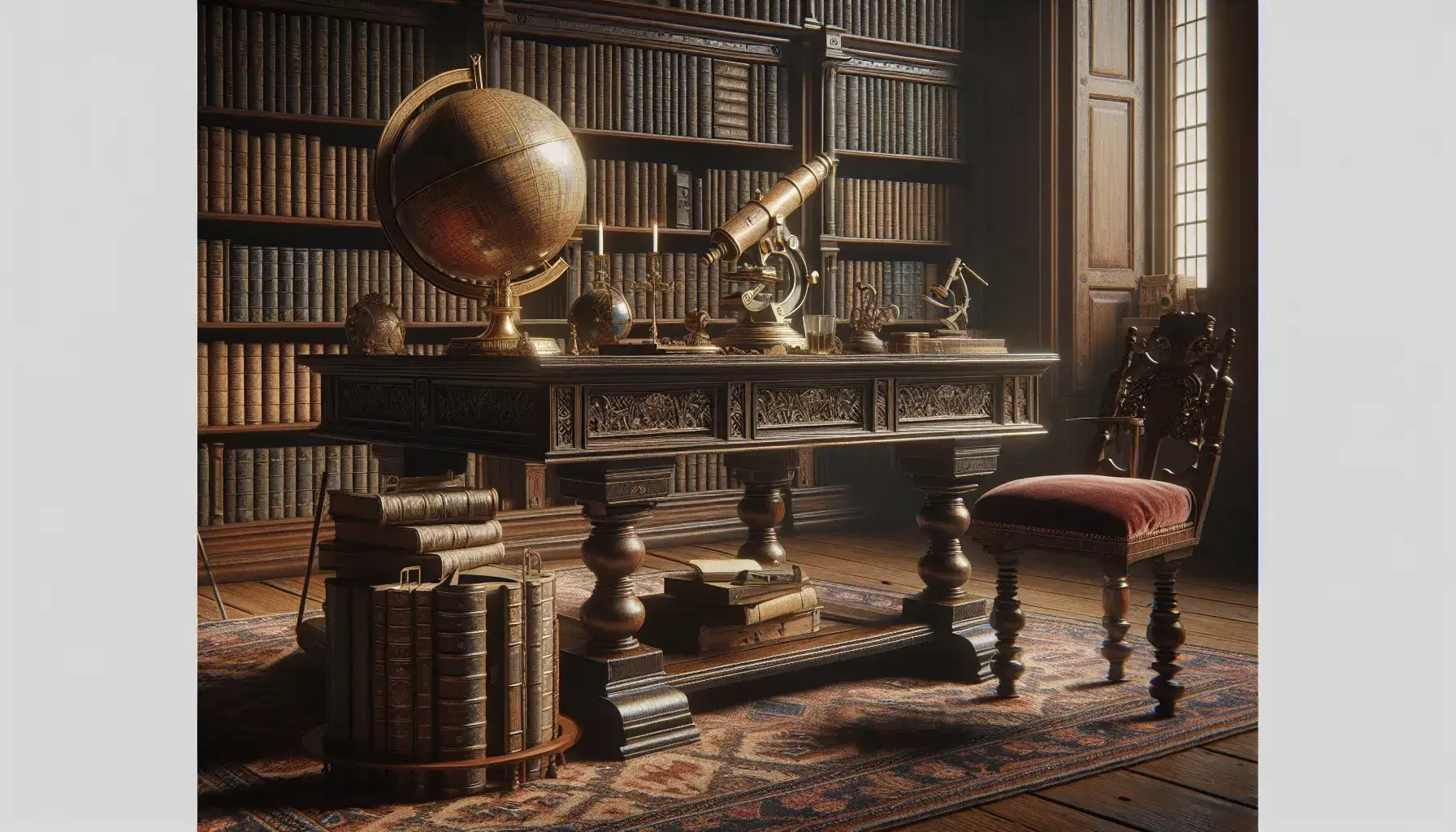 Biblioteca antigua con mesa de madera oscura, globo terráqueo sepia, microscopio de latón, telescopio, silla con cojín rojo y estantes llenos de libros.