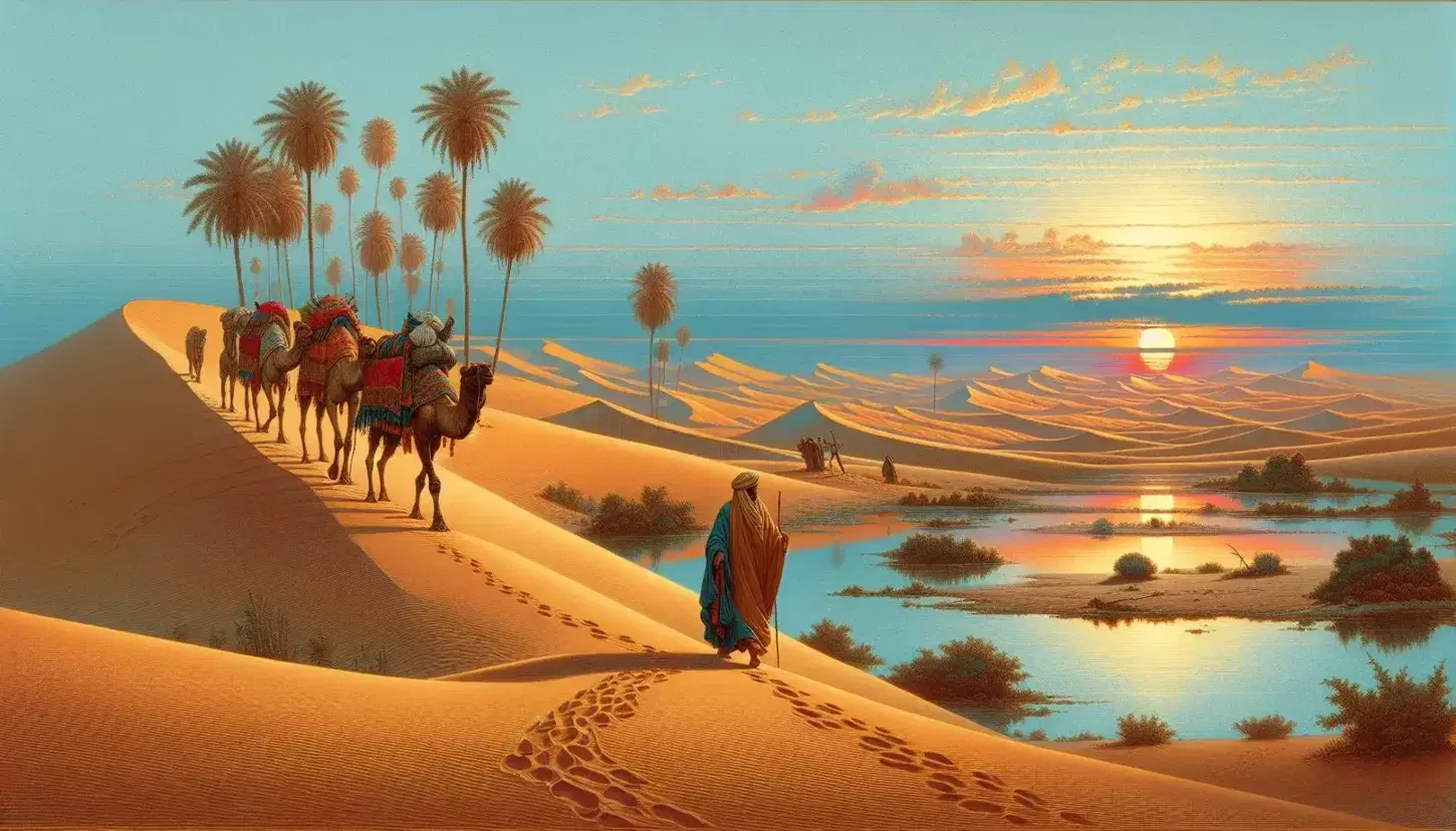 Uomo con turbante e mantello cammina nel deserto al tramonto, accompagnato da un cammello carico, vicino a un'oasi con palme.
