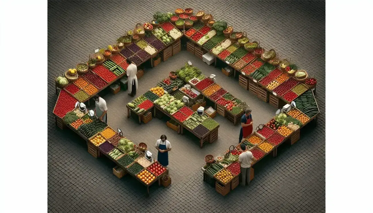 Mercato all'aperto con banchi di frutta e verdura fresca, venditori al lavoro e clienti in un'atmosfera vivace e soleggiata.
