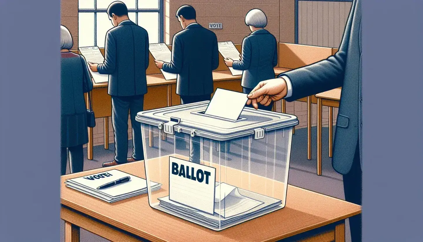 Voter casting ballot into transparent box at UK polling station with orderly queue and attendant overseeing, against a neutral backdrop.