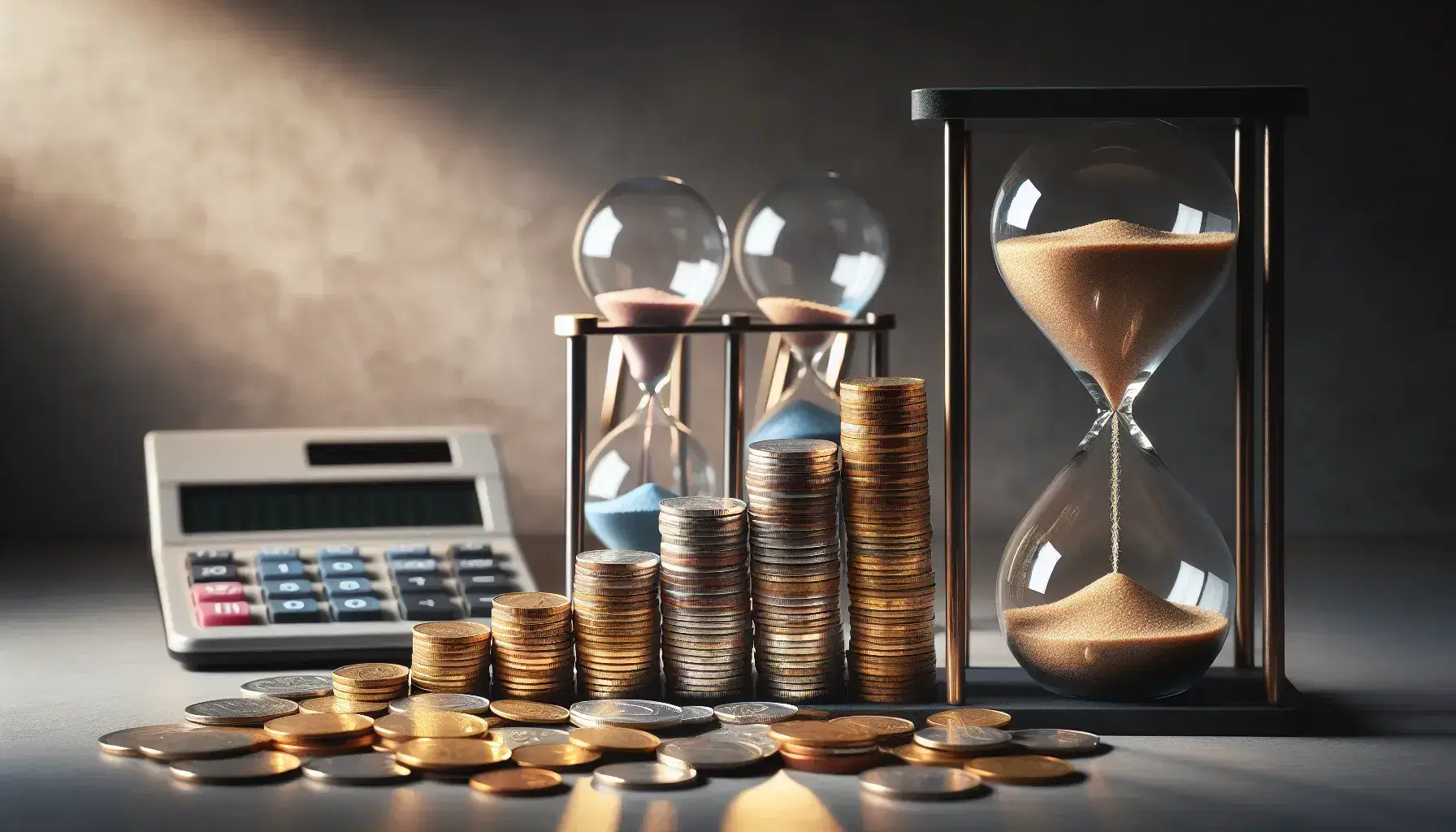 Monedas de distintos tamaños y colores apiladas en torres ascendentes con un reloj de arena y una calculadora desenfocada al fondo.