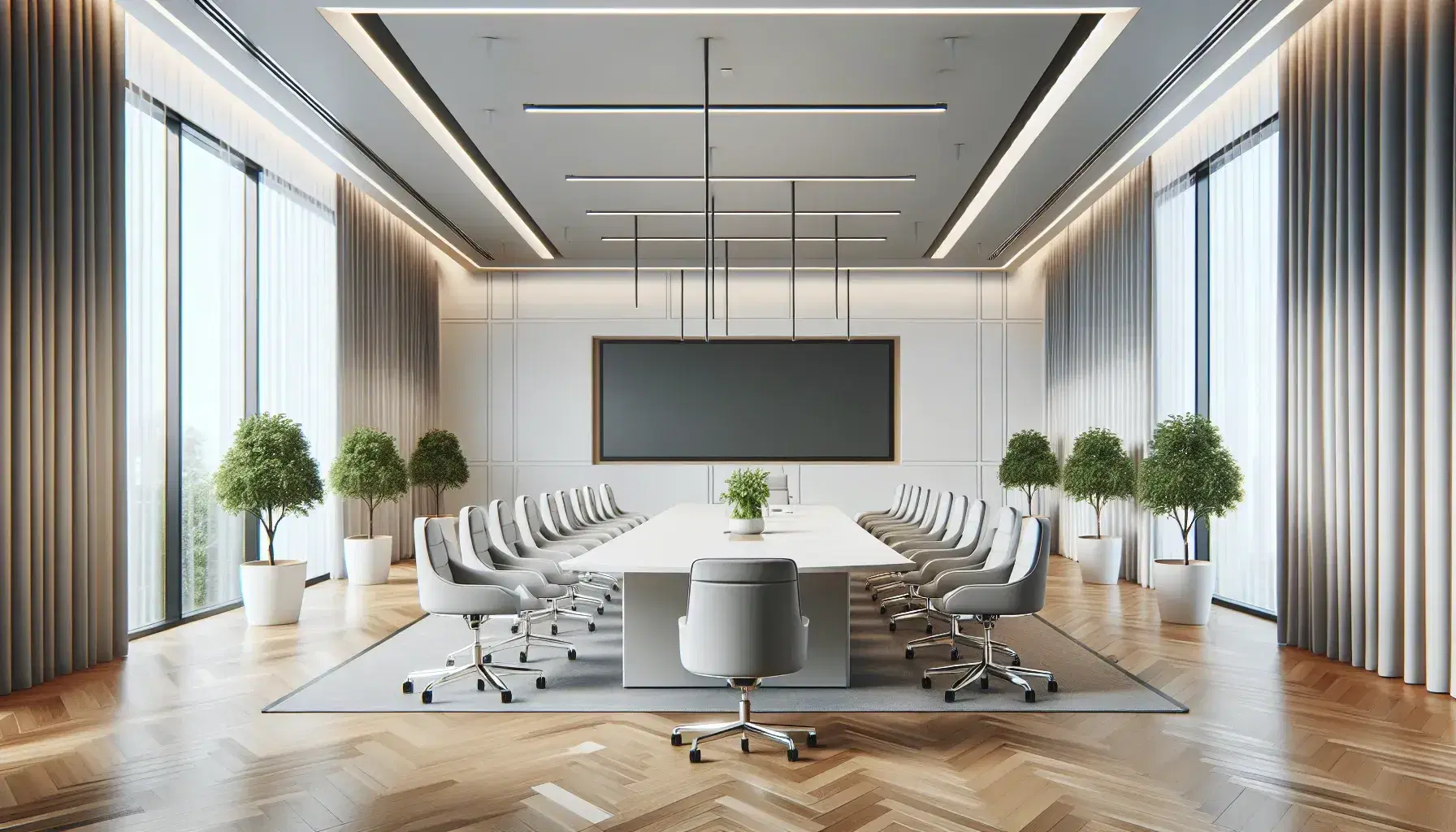 Sala de conferencias moderna y luminosa con mesa blanca, sillas ergonómicas grises, suelo laminado marrón claro, pantalla apagada y plantas verdes.