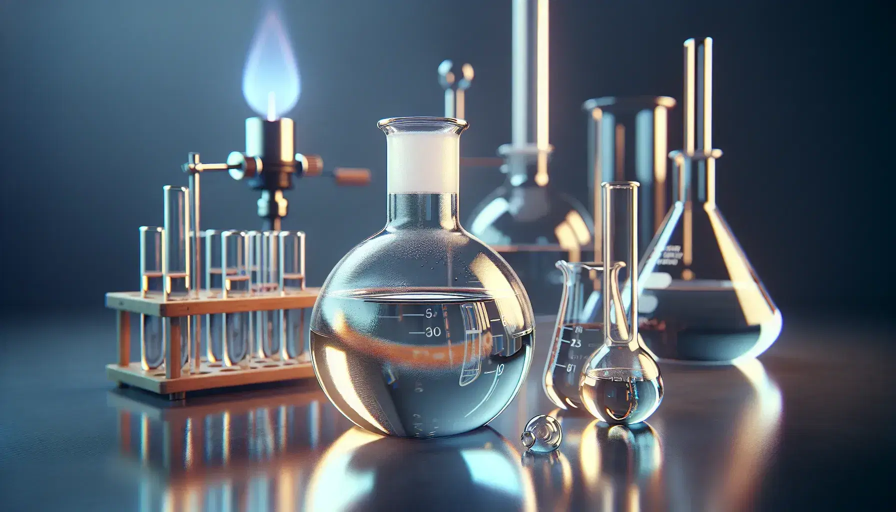 Glass laboratory bottle with clear liquid on reflective surface, lit Bunsen burner and colored test tubes in wooden rack.