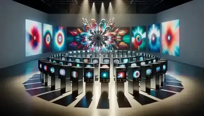 Instalación de arte en video con monitores de tubo de rayos catódicos dispuestos en círculo mostrando patrones geométricos abstractos y coloridos en una sala de exposición iluminada con focos.