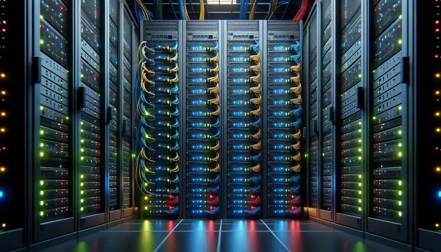 Centro de datos con rack de servidores y luces LED en tonos azules y verdes, cables organizados en fondo de penumbra.