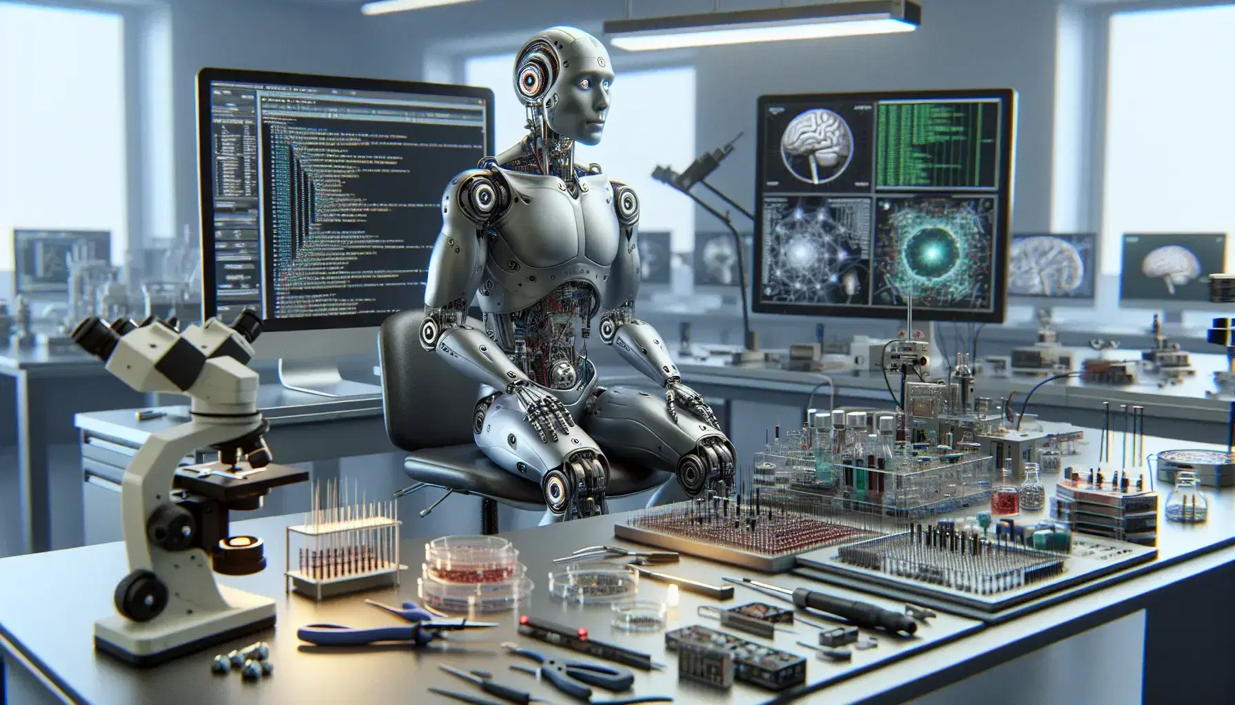 Humanoid robot sitting at a desk with scientific instruments, microscope, petri dishes and electronic components, monitor with codes and molecular models.