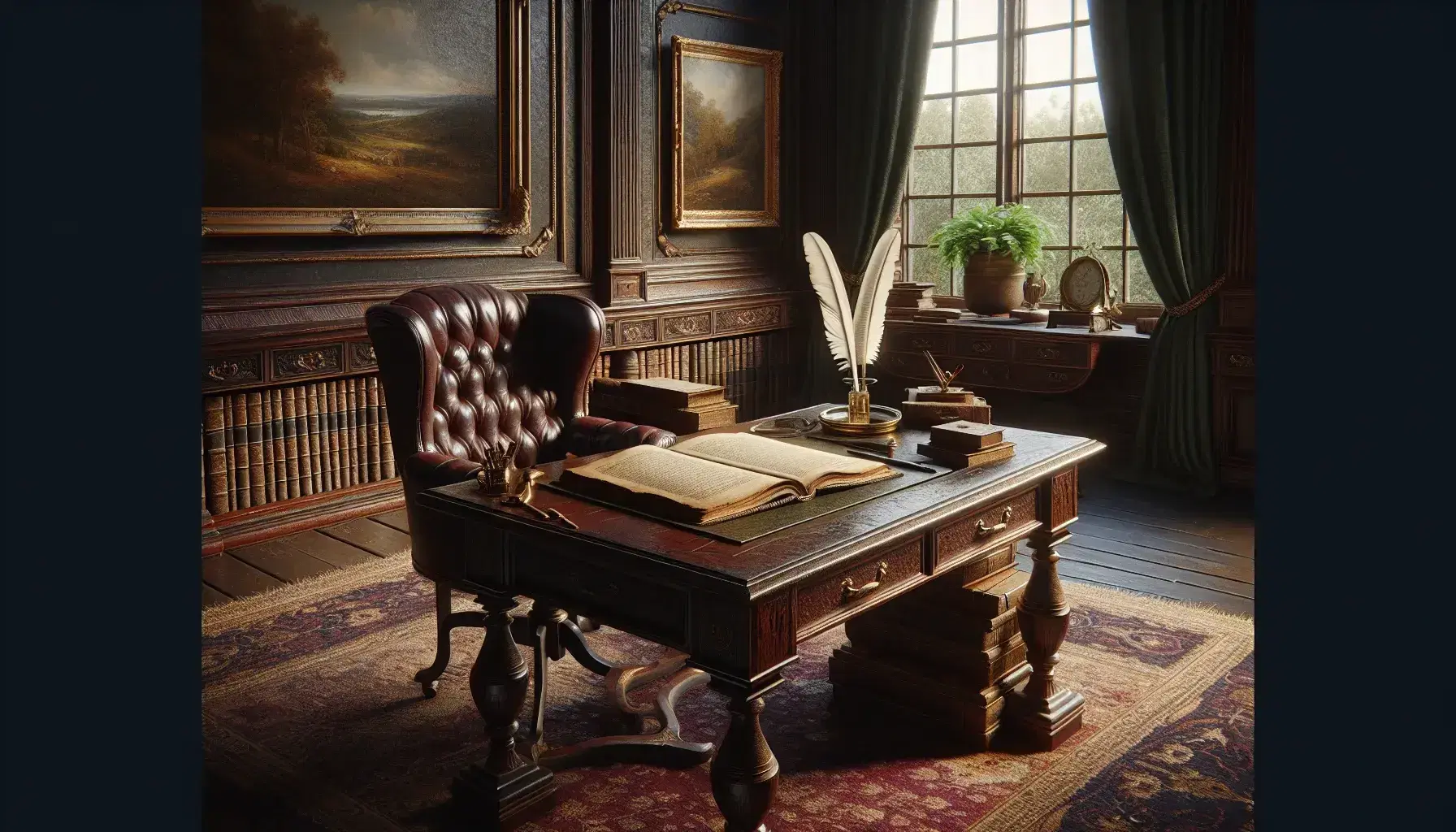 19th-century European study with dark wood desk, leather-bound book, quill pen, wax-sealed envelope, red upholstered chair, and ornate rug.