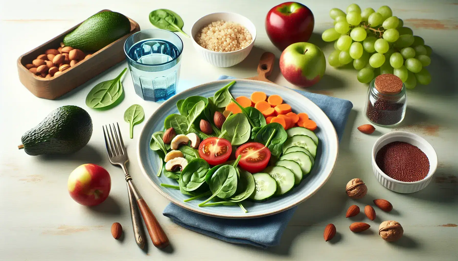 Mesa de madera con alimentos saludables, ensalada verde con tomate y zanahoria, quinoa, frutas como uvas y manzana, y nueces, en ambiente iluminado naturalmente.