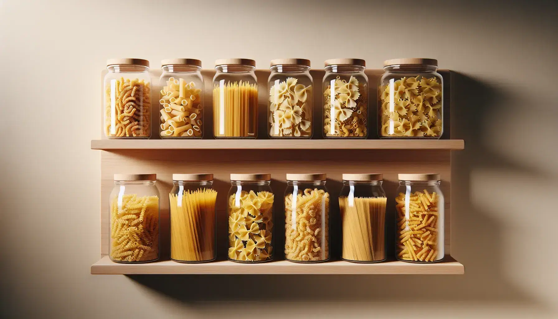 Glass jars with pasta on wooden shelf: fusilli, penne, farfalle, spaghetti and macaroni, against beige wall, soft lighting.