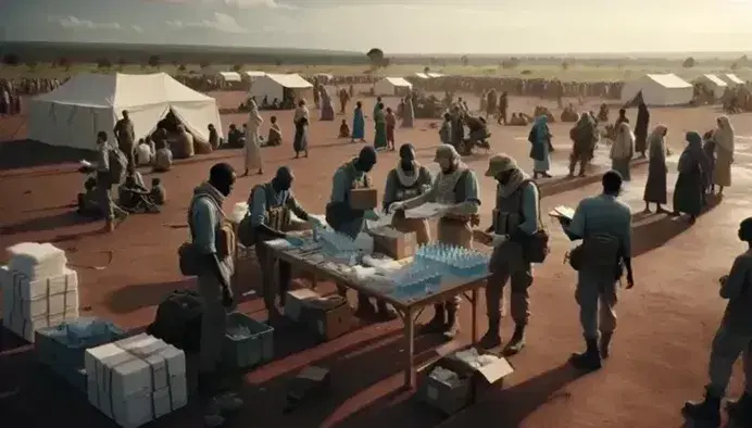 Humanitarian aid workers set up a tent, distribute water, and provide medical assistance in a field under a clear sky.