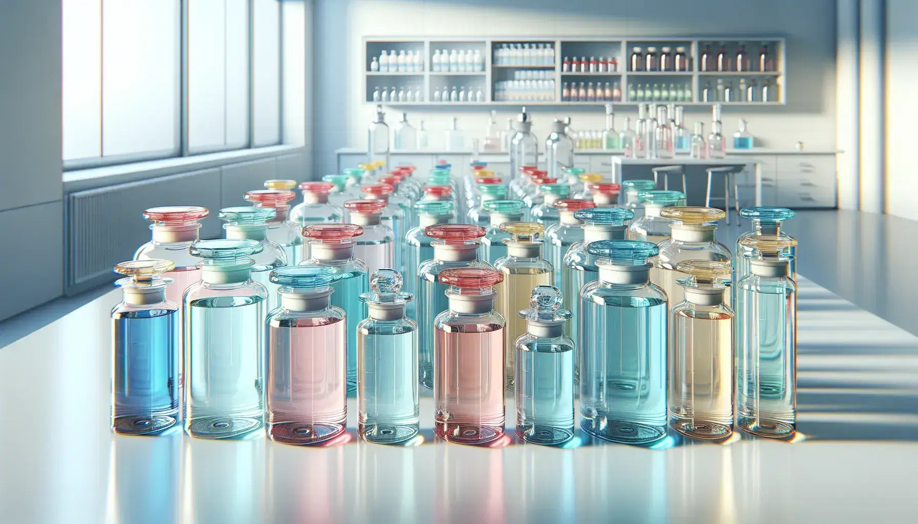 Frascos de vidrio transparentes con tapas de colores y líquidos en tonos pastel alineados en una mesa de laboratorio, ambiente clínico.