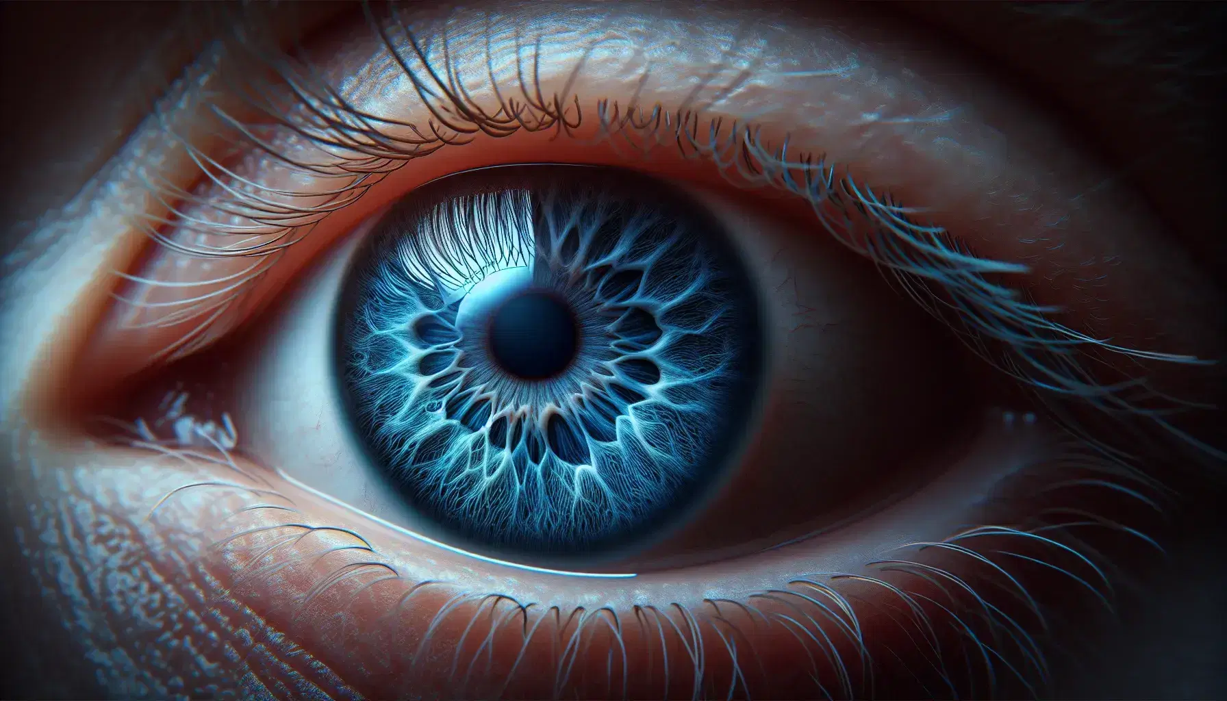 Primer plano de un ojo humano con iris azul profundo, pupila dilatada y pestañas curvas, reflejando luz en la superficie ocular.