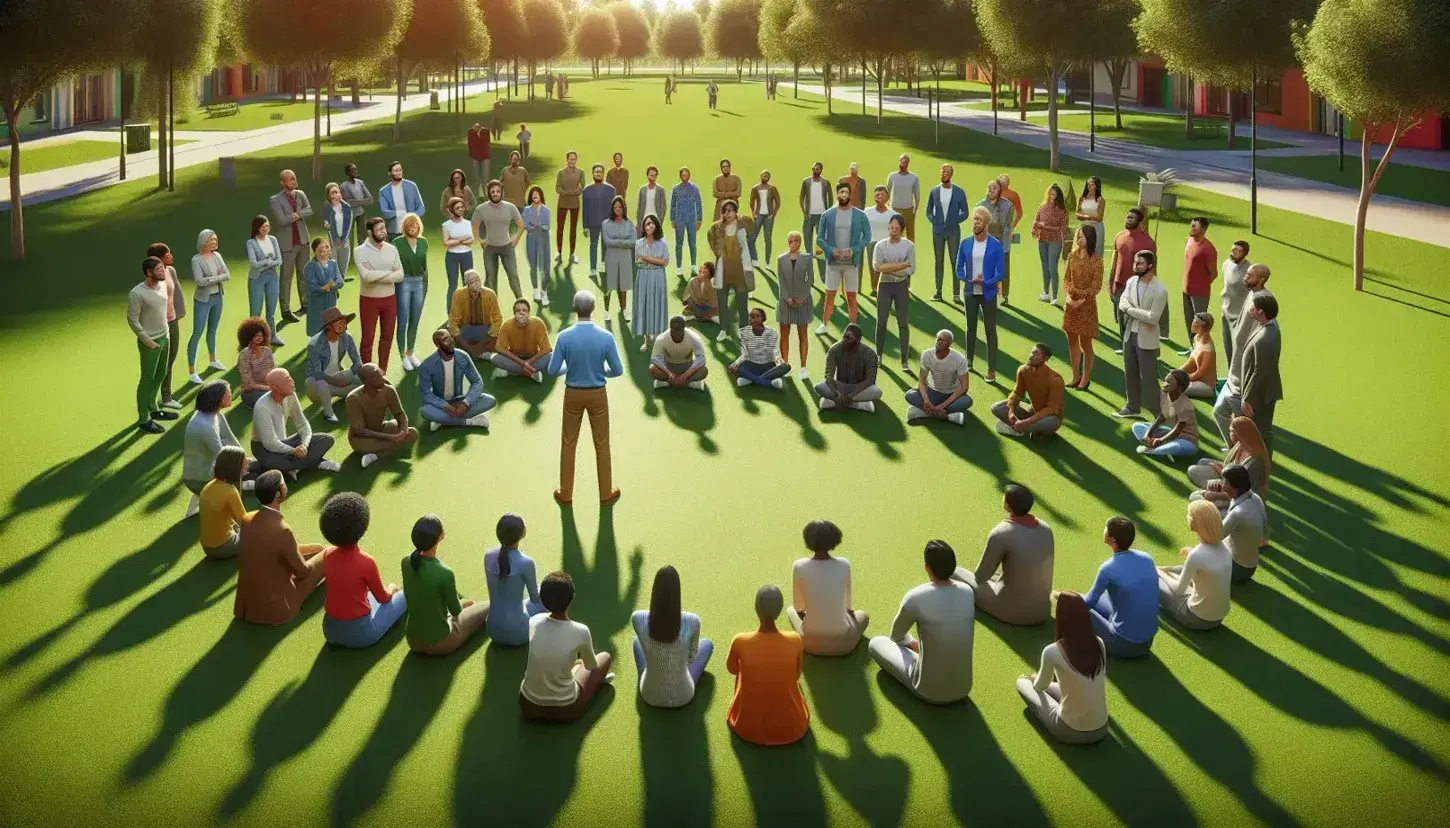 Grupo diverso de personas en reunión al aire libre en un parque, escuchando atentamente a un orador en un ambiente tranquilo y natural.