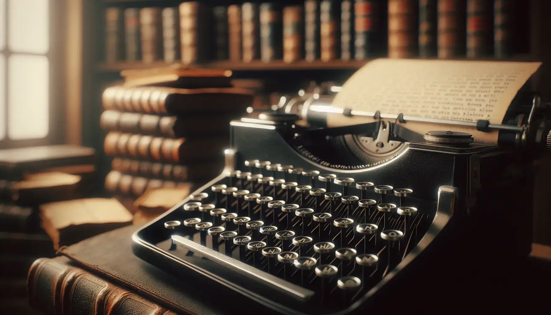 Macchina da scrivere vintage con tasti rotondi neri e telaio opaco, foglio bianco inserito, sfondo sfocato di libreria con libri antichi.