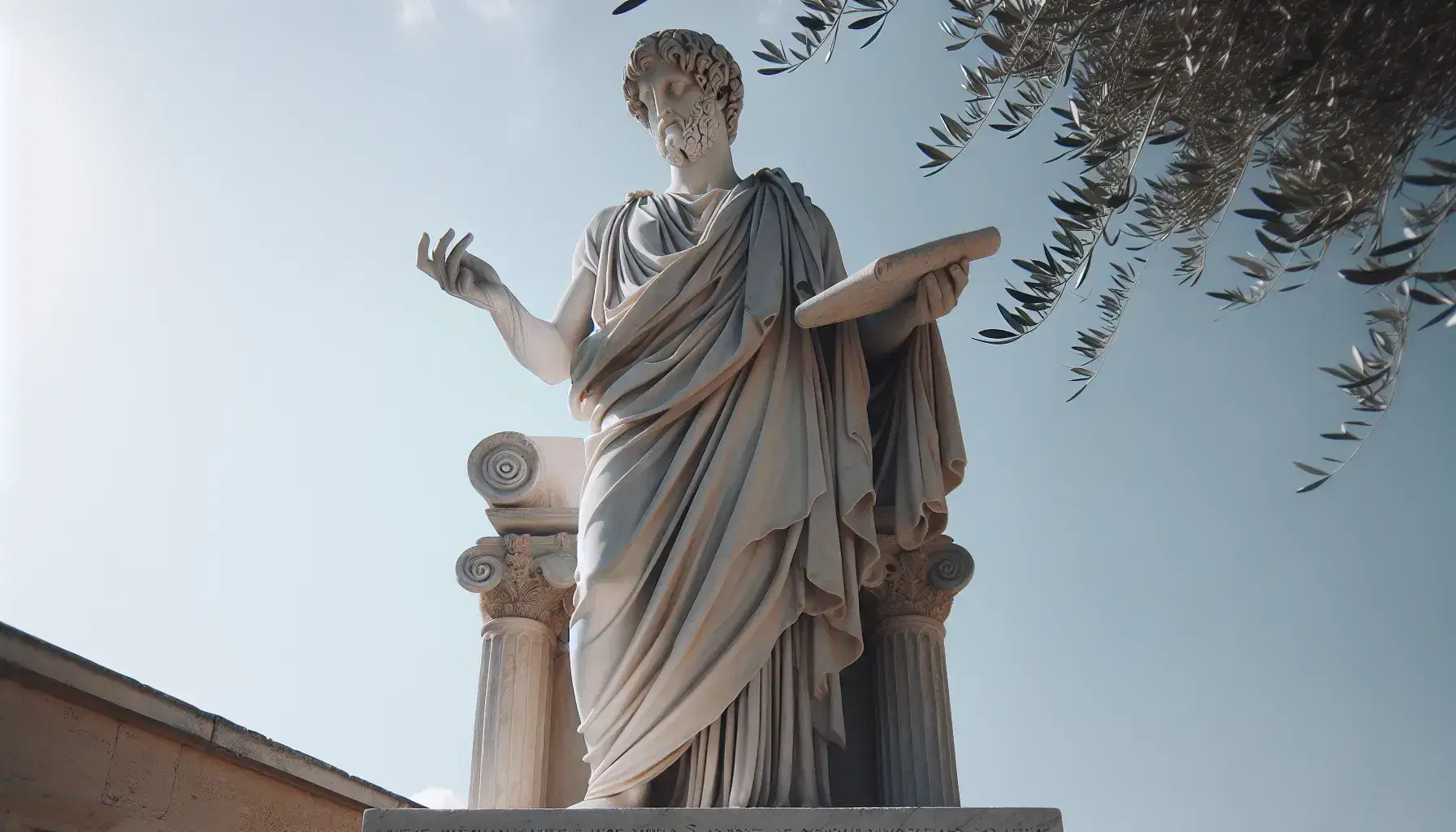 Escultura de mármol blanco de filósofo griego antiguo al aire libre, con túnica y rollo en mano, bajo cielo azul y ramas de olivo.