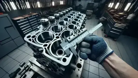 Bloque de cilindros de motor de combustión interna con calibre Vernier midiendo diámetro en taller mecánico.