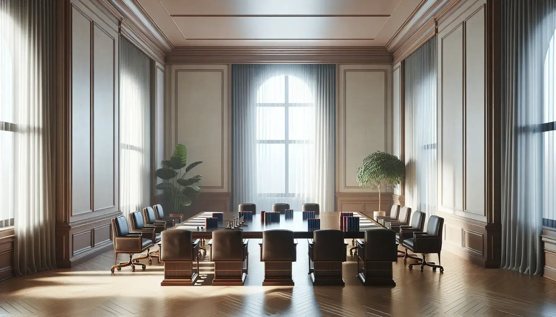 Sala de audiencias con mesa rectangular de madera oscura, sillas a juego, carpetas sobre la mesa y ventana grande con cortinas blancas.