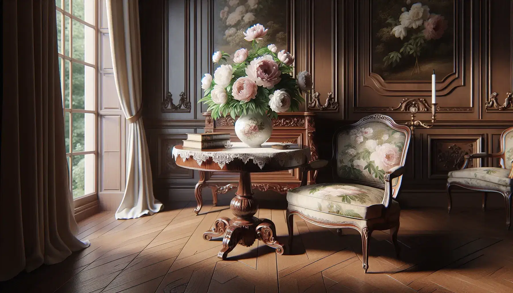 Elegant 19th-century French parlor with mahogany table, lace tablecloth, peony arrangement, upholstered floral armchair, and gilded landscape painting.