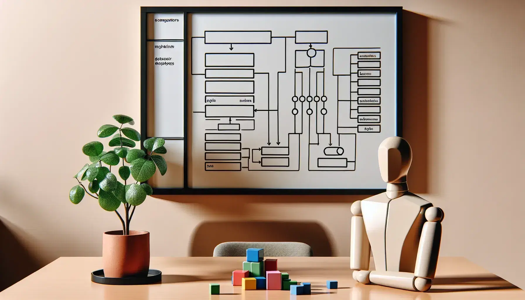 Mesa de oficina con diagrama de entidad-relación, figura abstracta de bloques y modelo 3D de cubos y esferas, junto a planta en maceta.