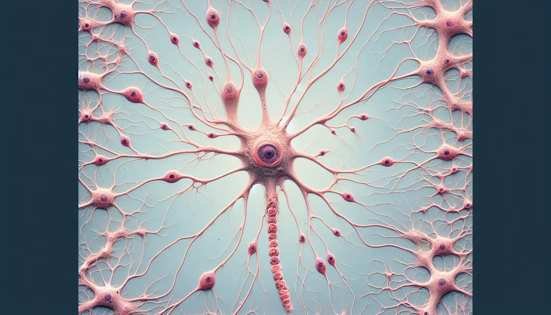 Vista microscópica de neuronas interconectadas con un cuerpo neuronal central rosado y extensiones dendríticas y axonales en tonos más claros.