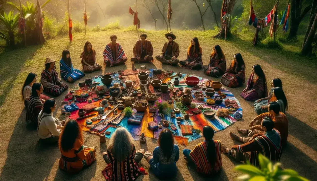 Gruppo multietnico in cerchio su prato scambia doni culturali su tessuto colorato, tra ombre e luci naturali.