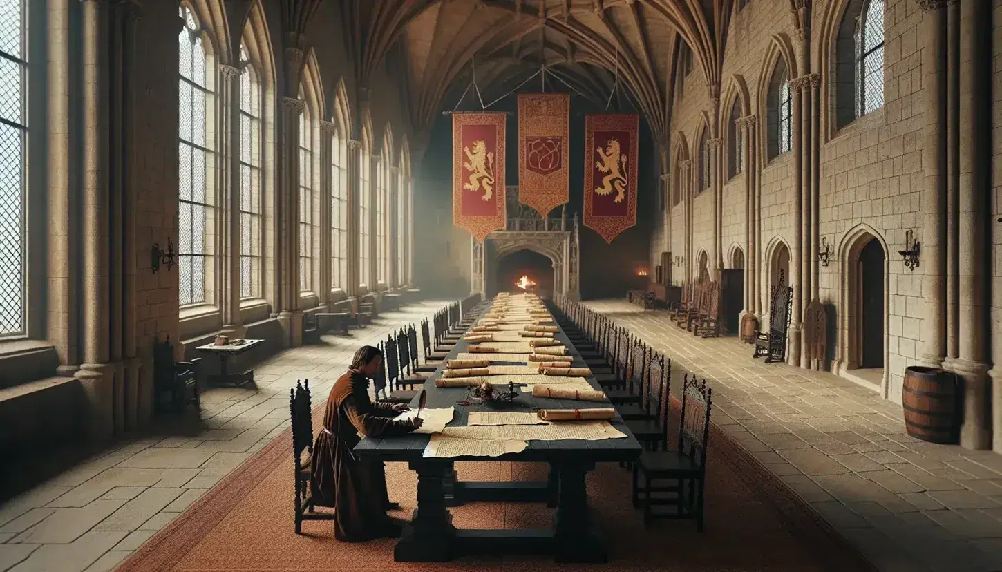 Salón gótico de piedra iluminado por luz natural con mesa de madera, sillas altas, pergaminos sellados y hombre escribiendo, junto a chimenea encendida y estandarte de león.