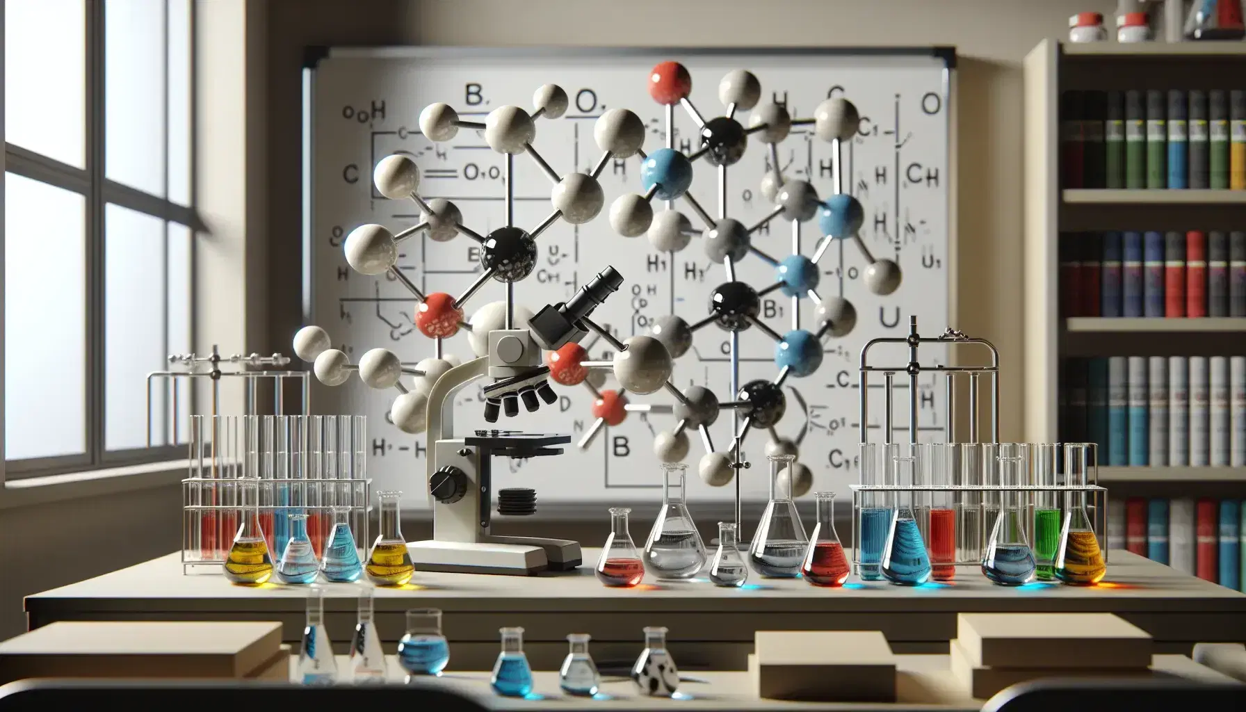 Escena de aula de ciencias con mesa de laboratorio y modelos moleculares tridimensionales, microscopio y estantes con frascos de líquidos de colores.