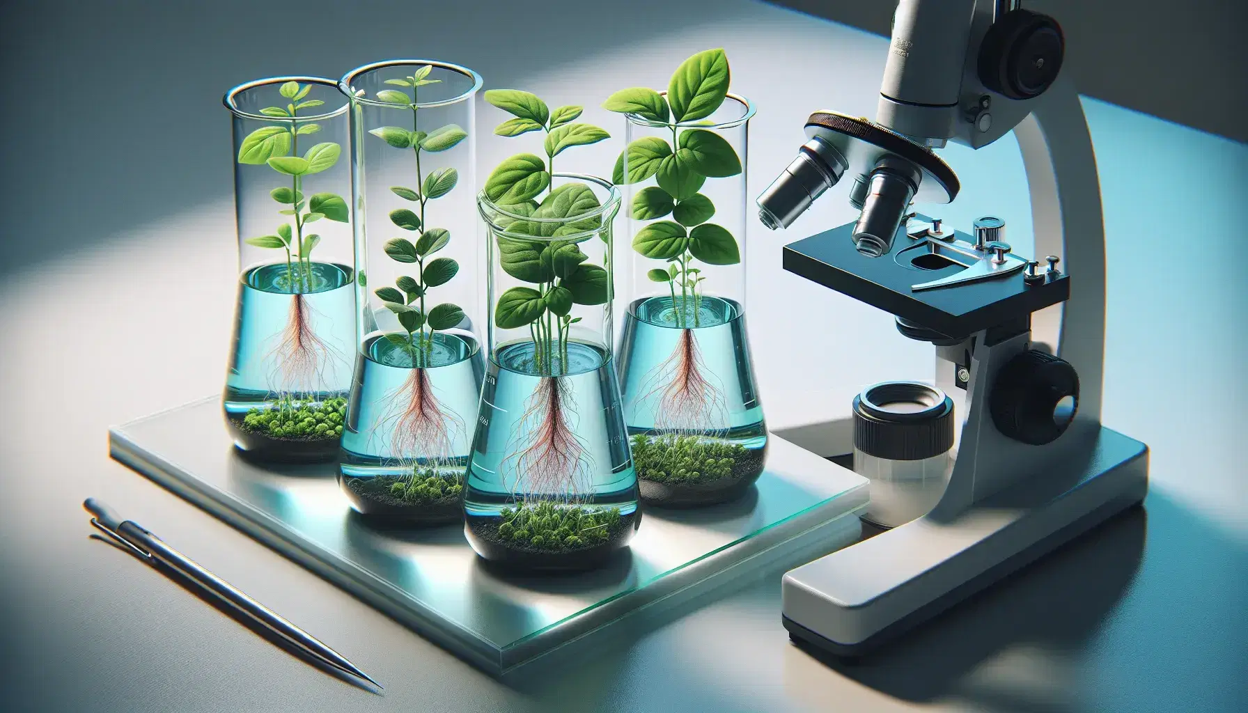 Laboratorio con becher trasparenti contenenti liquidi colorati e piante in vasi, microscopio a sinistra e braccio con camice a destra.
