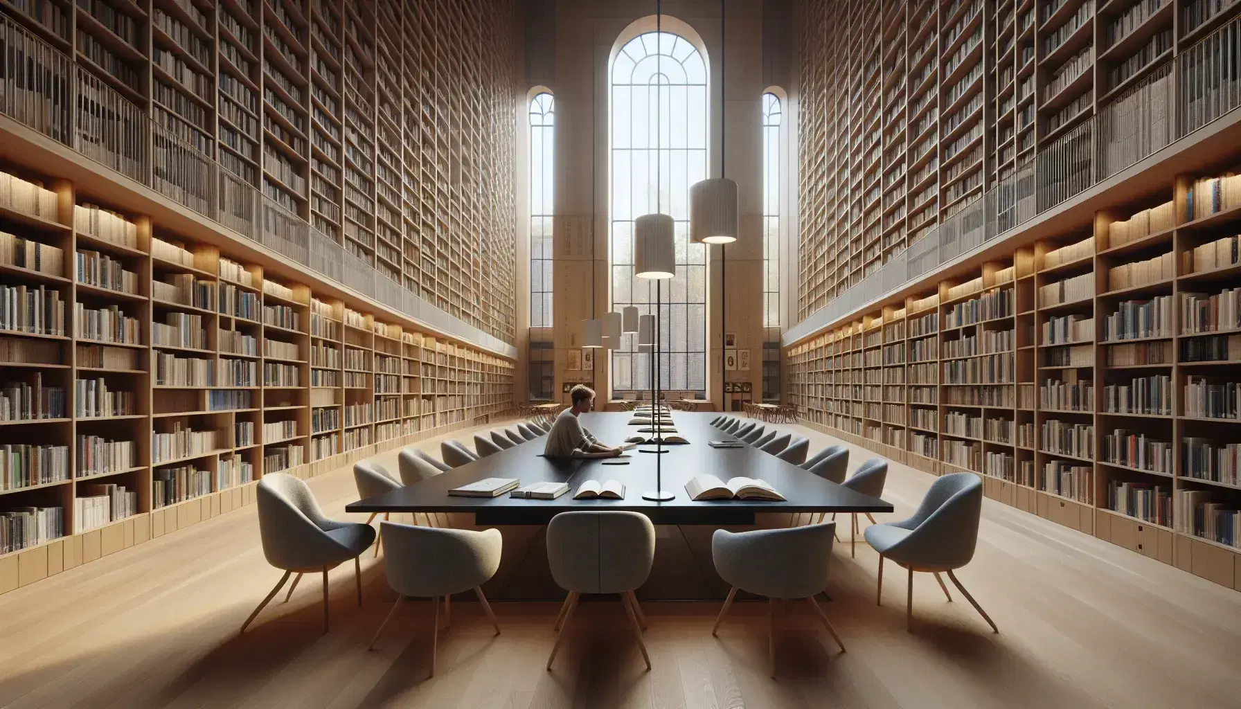Biblioteca moderna con estanterías de madera llenas de libros, mesa central con sillas ergonómicas y una persona leyendo bajo luz natural.