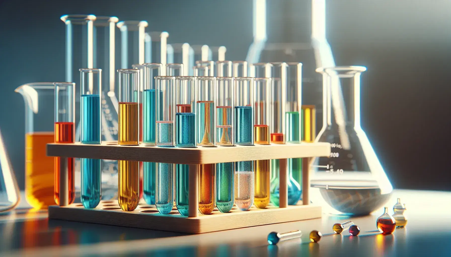 Primer plano de tubos de ensayo con líquidos de colores en gradilla de madera en laboratorio, con matraz Erlenmeyer y vaso de precipitados al fondo.
