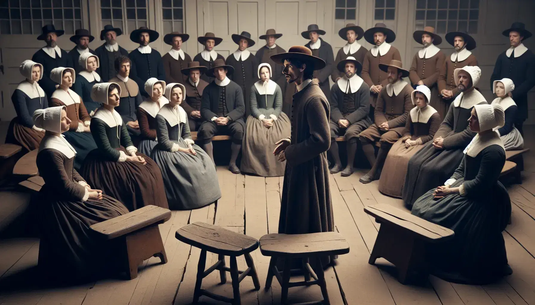 Historical reenactment of a 17th-century Quaker meeting with participants in traditional attire seated in a circle, focused on a standing speaker.
